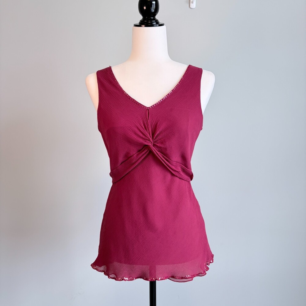Y2K Tank Going Out Top 100% Silk Babydoll Twist Front Sequin Burgundy Size M